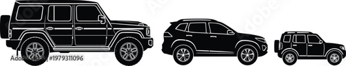 SUV car silhouettes set, off road vehicles collection, modern crossover illustration, luxury sport utility cars, side view automotive design, black vehicle graphics