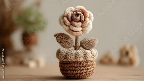 Handmade crochet rose doll in a small woven basket pot, textured yarn detail, warm neutral background, cozy handmade aesthetic