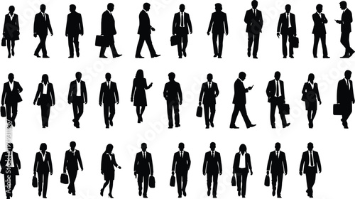 business people silhouettes, walking professionals collection, corporate team illustration, office workers set, men and women, black silhouette characters, business concept