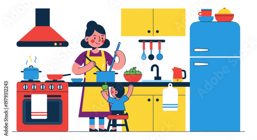A mother and her child happily cooking together in a bright, colorful kitchen