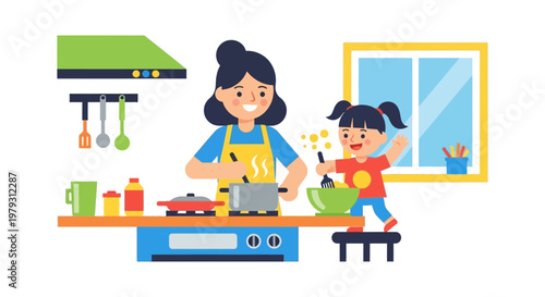 Joyful Mother and Daughter Bonding in a Bright Kitchen, Whisking Ingredients Together for a Fun Home Baking Activity