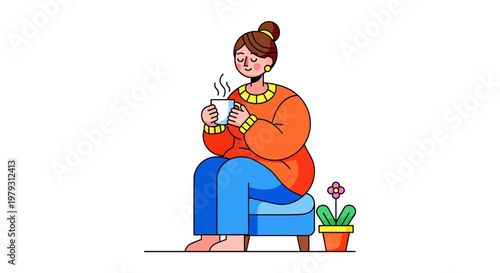 A woman enjoying a warm beverage in a cozy setting, relaxing with a hot drink and a touch of nature