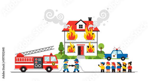 Firefighters extinguishing a burning house with emergency vehicles. Children watch the rescue operation and community safety efforts