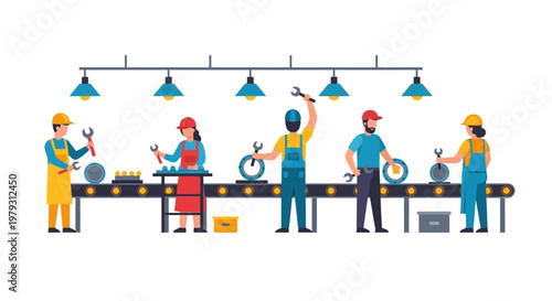 Dedicated factory workers collaborating on a modern assembly line, illustrating efficient industrial manufacturing and production processes with teamwork