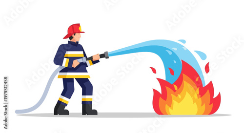 Brave Firefighter Extinguishing a Dangerous Blaze with Powerful Water Stream, Showcasing Heroic Action and Emergency Response
