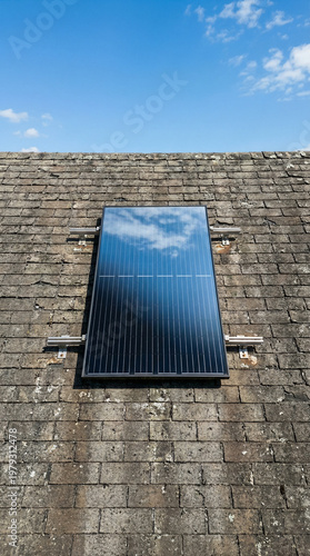 Solar Panel Installed on Rooftop Under Clear Blue Sky and Fluffy White Clouds