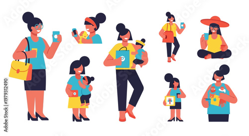 Diverse group of women in various poses, some with children, engaging with mobile devices