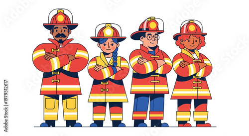 Diverse and dedicated team of essential firefighters, men and women standing united, ready for emergency response and community protection