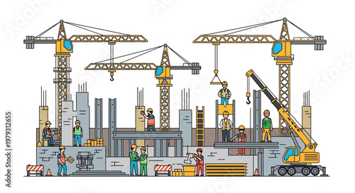 Detailed vector illustration of a bustling construction site featuring cranes, skilled workers, and buildings under development