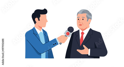 Journalist Interviewing Elderly Man With Microphone, News Reporting And Media Communication Concept