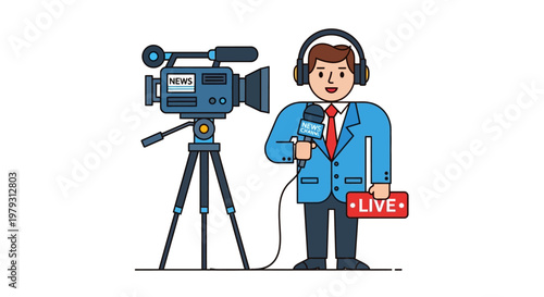 Professional journalist broadcasting live news with a camera and microphone, engaging in media coverage