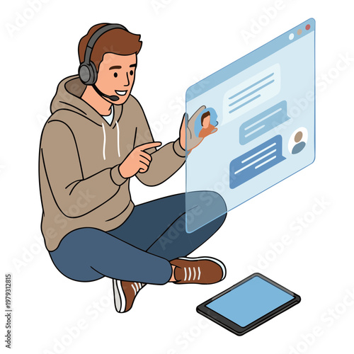 A man wearing a headset sits on the floor interacting with a large computer screen display.