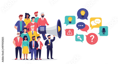 Diverse group of people communicating ideas and information through speech bubbles and a megaphone
