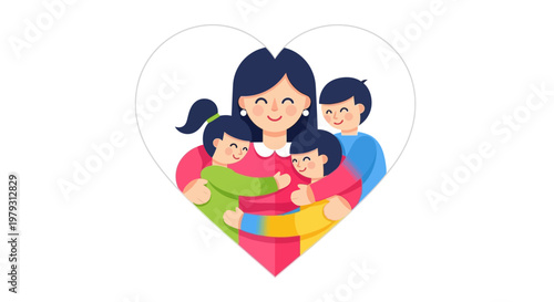 A heartwarming illustration depicting a mother embracing her three children within a subtle heart shape, symbolizing love and family bonds