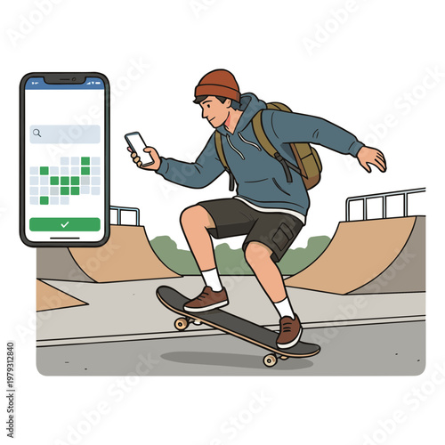 Teenager skateboards skillfully while texting on phone at skate park