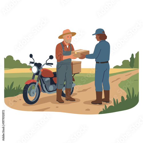 Man in overalls hands cardboard box to another man on a dirt road with motorcycle
