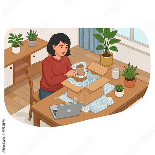 Woman unpacking a box with plants on a wooden table indoors