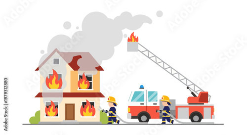 Firefighters battling a house fire with a ladder truck spraying water on flames