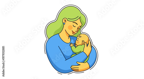 Illustration of a mother holding her baby with love and tenderness, celebrating motherhood and family bonds