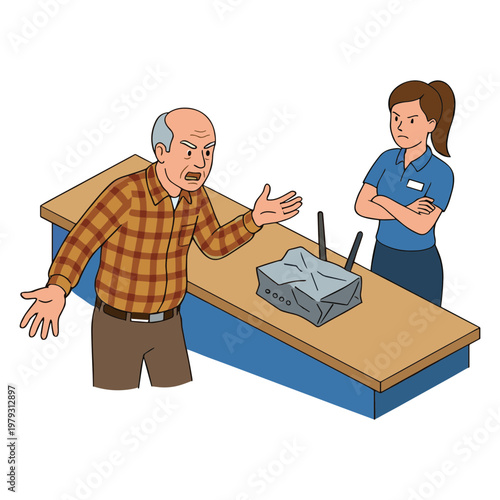 Elderly man discusses an issue with a female cashier at a store counter.