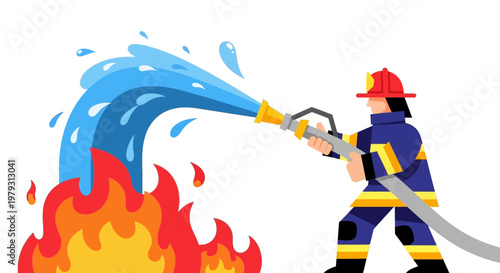 Firefighter in action spraying water on a large bonfire to extinguish the flames, safety concept illustration