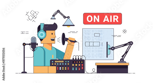 Podcasting Studio Illustration - Microphone, Mixer, and On Air Sign