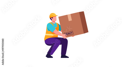Man in hard hat and safety vest lifting a heavy cardboard box, illustrating safe lifting techniques and manual labor