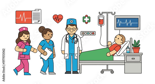 Medical Team Caring For Patient In Hospital Bed With Medical Equipment