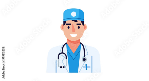 Friendly Male Doctor Character Illustration with Stethoscope and Lab Coat, Embodying Professional Healthcare and Trustworthy Medical Assistance