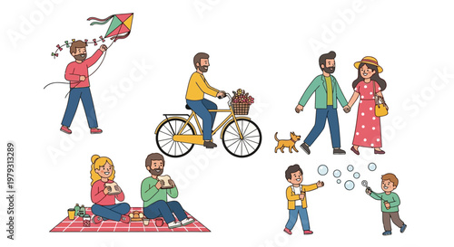 A delightful portrayal of diverse outdoor activities, including individuals and families enjoying leisurely moments, fostering happiness and well-being