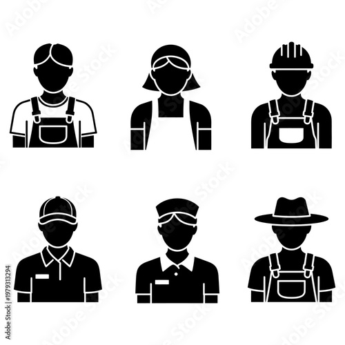Worker silhouettes set in black and white various occupations