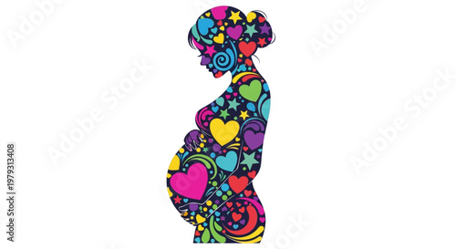 Vibrant illustration of a pregnant woman's silhouette, adorned with colorful hearts and stars, symbolizing joy, love, and the beautiful journey of motherhood