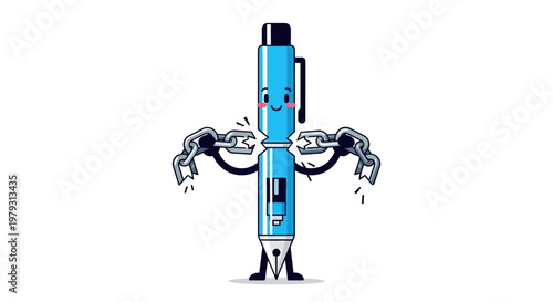 Vibrant cartoon pen icon happily shatters restrictive chains, representing the liberation of creativity, the power of expression, and achieving mental freedom