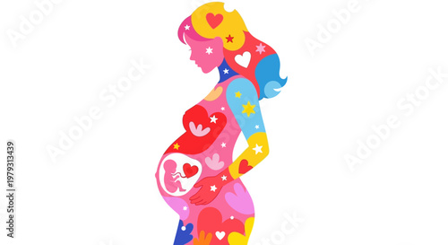 Colorful abstract illustration of a pregnant woman with hearts and stars symbolizing love, new life, and happiness during pregnancy