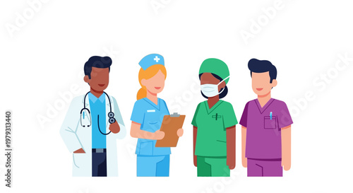 Diverse Medical Professionals Standing Together Doctors, Nurses, and Healthcare Workers in Uniform