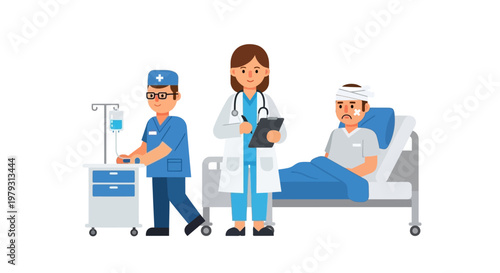 Medical team caring for patient in hospital bed with intravenous drip and head bandage