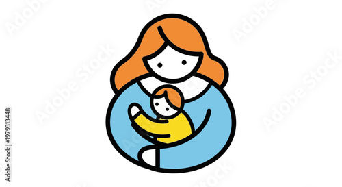 Cute and simple cartoon vector illustration of a mother lovingly embracing her child, symbolizing warmth, care, and family bond