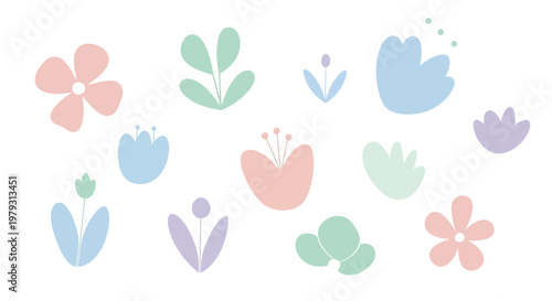 Collection of charming pastel-colored spring flowers and leaves, evoking a sense of gentle beauty and natural renewal