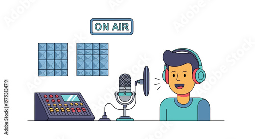 Podcaster with microphone and soundproofing panels, recording audio in a studio setting