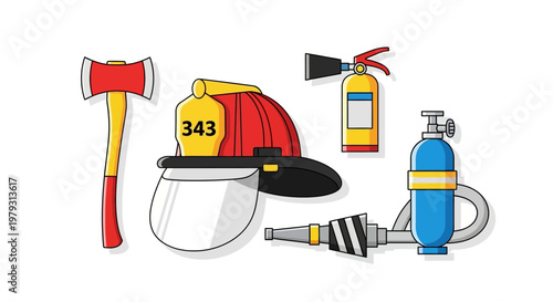 Collection of Firefighter Equipment and Safety Tools including an axe, helmet, extinguisher, and hose nozzle