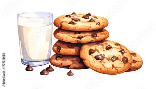 Chocolate Chip Cookies and Milk Watercolor Painting