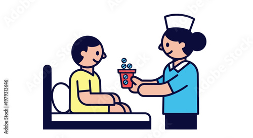 Illustration of a nurse with a cap giving medication to a patient in a hospital bed, symbolizing healthcare and recovery