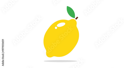 A vibrant yellow lemon with a green leaf and a subtle shadow, isolated on a clean white background, perfect for illustrating freshness and citrus flavors
