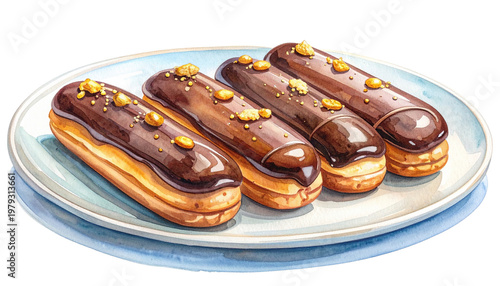 Elegant Chocolate Eclairs Watercolor Illustration