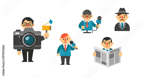 Collection of cartoon characters representing journalism and media professions, including reporters, journalists, and cameramen with camera and microphone