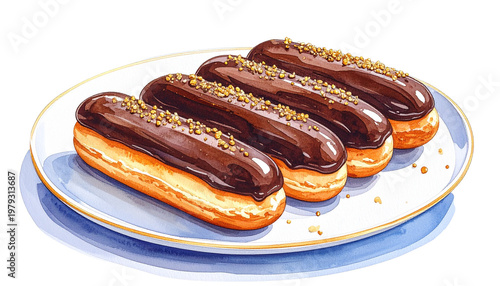 Elegant Chocolate Eclairs Watercolor Illustration