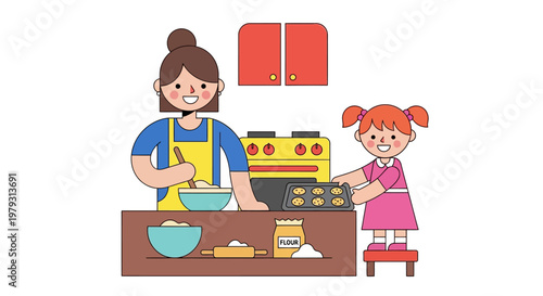 Mother and daughter baking cookies together in the kitchen, a heartwarming scene of family bonding and domestic activity with freshly baked treats