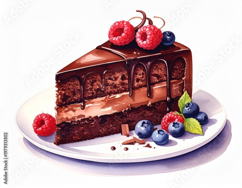Chocolate Cake Slice with Ganache and Berries Watercolor Illustration