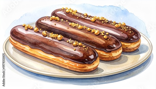 Elegant Chocolate Eclairs Watercolor Illustration