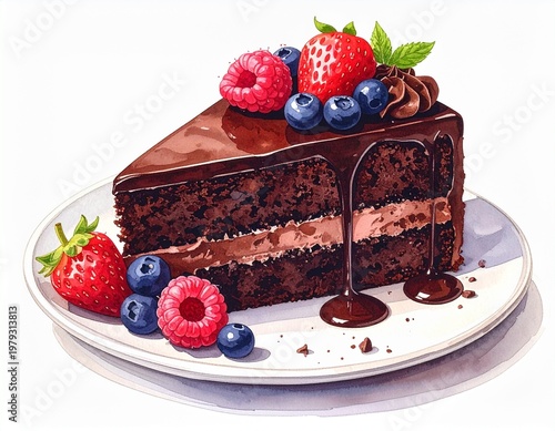 Chocolate Cake Slice with Ganache and Berries Watercolor Illustration